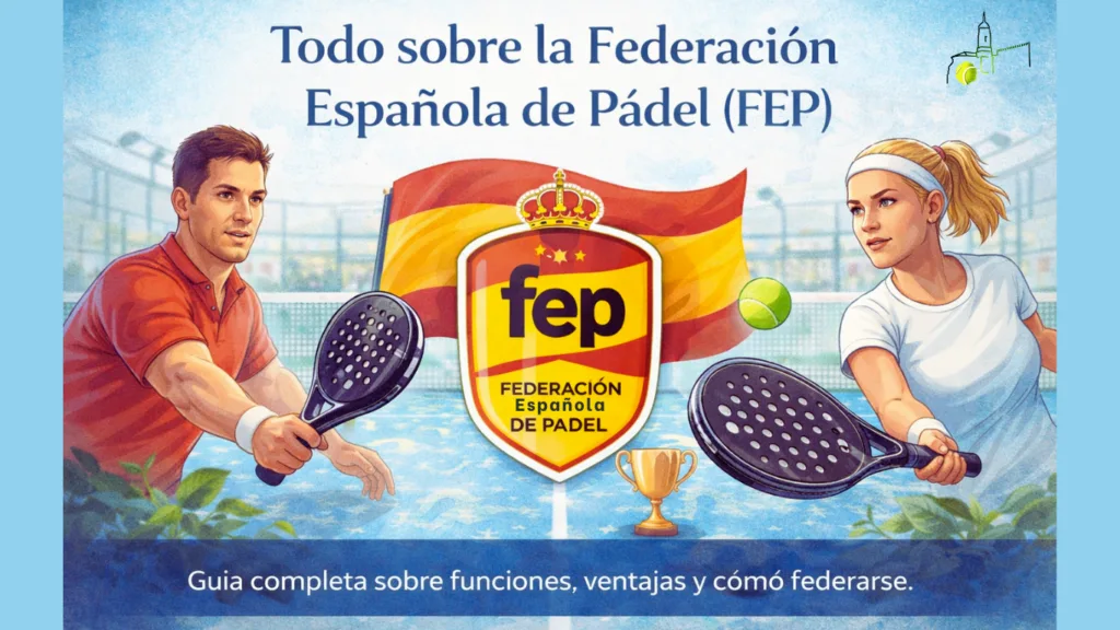 Ilustración de jugadores de pádel junto al emblema de la Federación Española de Pádel que representa la organización del pádel federado en España.