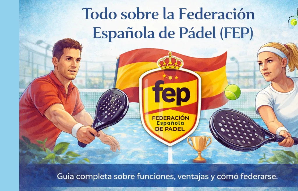 Ilustración de jugadores de pádel junto al emblema de la Federación Española de Pádel que representa la organización del pádel federado en España.
