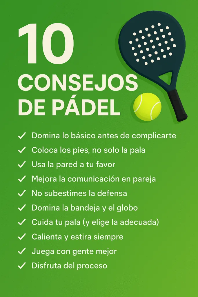 Infografía con fondo verde que muestra una lista de 10 consejos de pádel, acompañada de una pala azul y una pelota amarilla. Los consejos incluyen recomendaciones técnicas y tácticas para mejorar en el pádel.
