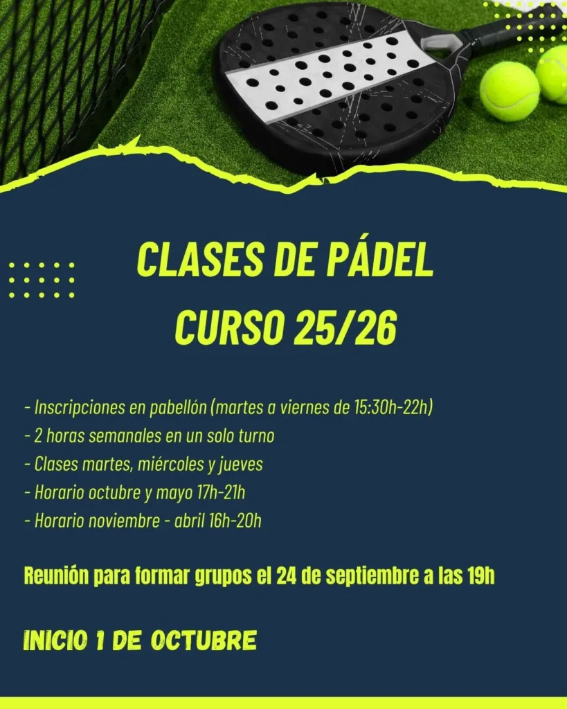 Cartel informativo para inscribirse a las clases de pádel del Ayuntamiento de Calatorao curso 25/26