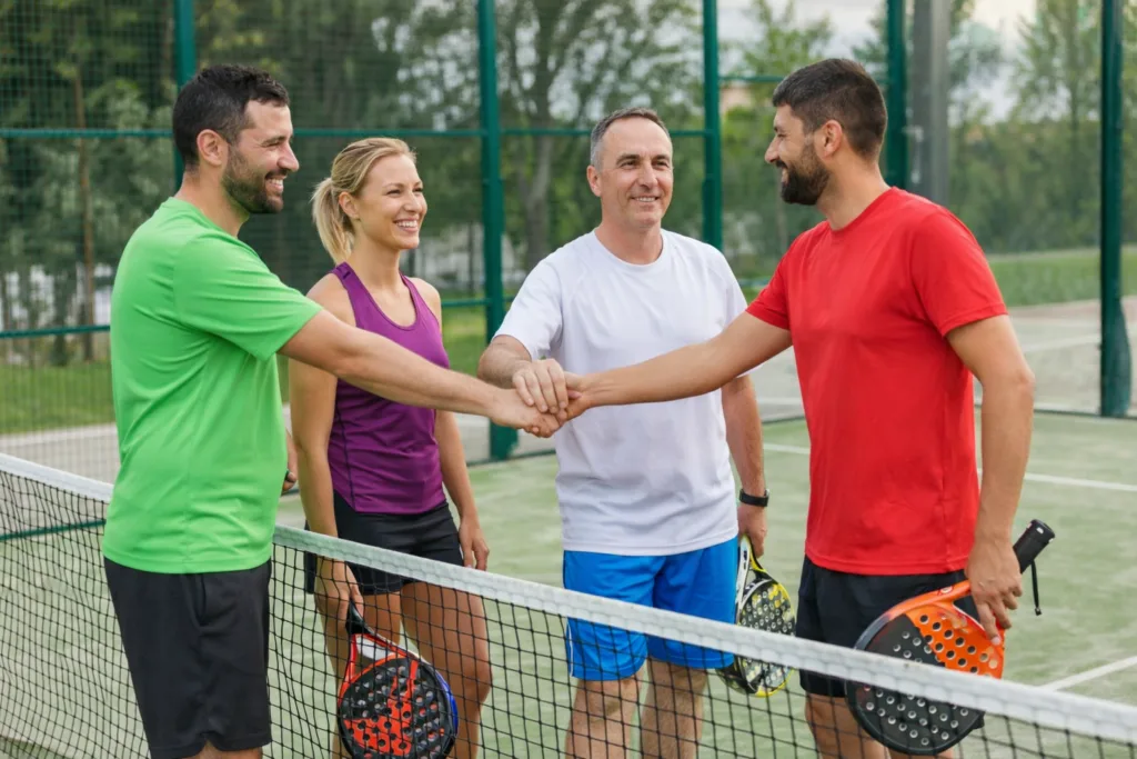 Jugadores amateur empezando a jugar pádel en un club pequeño sonriendo y saludándose en la red