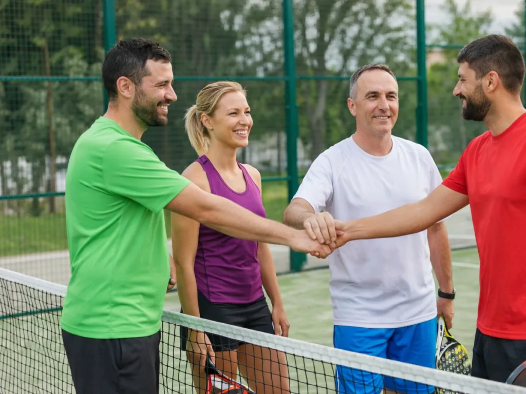 Jugadores amateur empezando a jugar pádel en un club pequeño sonriendo y saludándose en la red