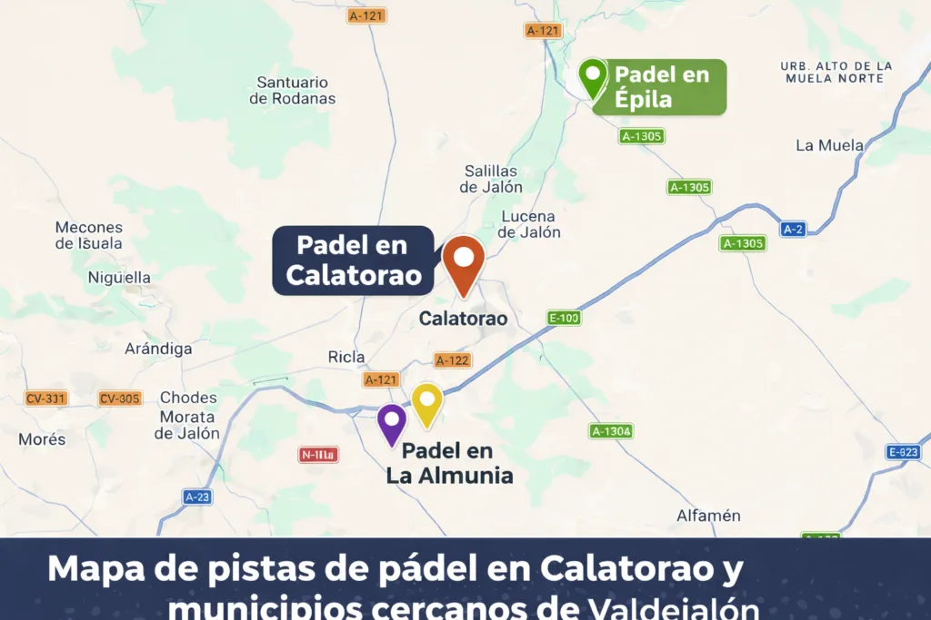 Mapa de pistas de pádel cerca de Calatorao incluyendo Épila y La Almunia en la comarca de Valdejalón