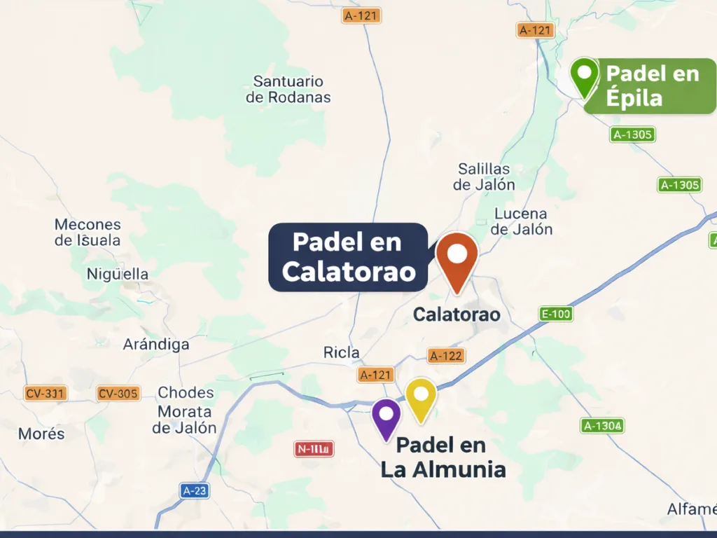 Mapa de pistas de pádel cerca de Calatorao incluyendo Épila y La Almunia en la comarca de Valdejalón